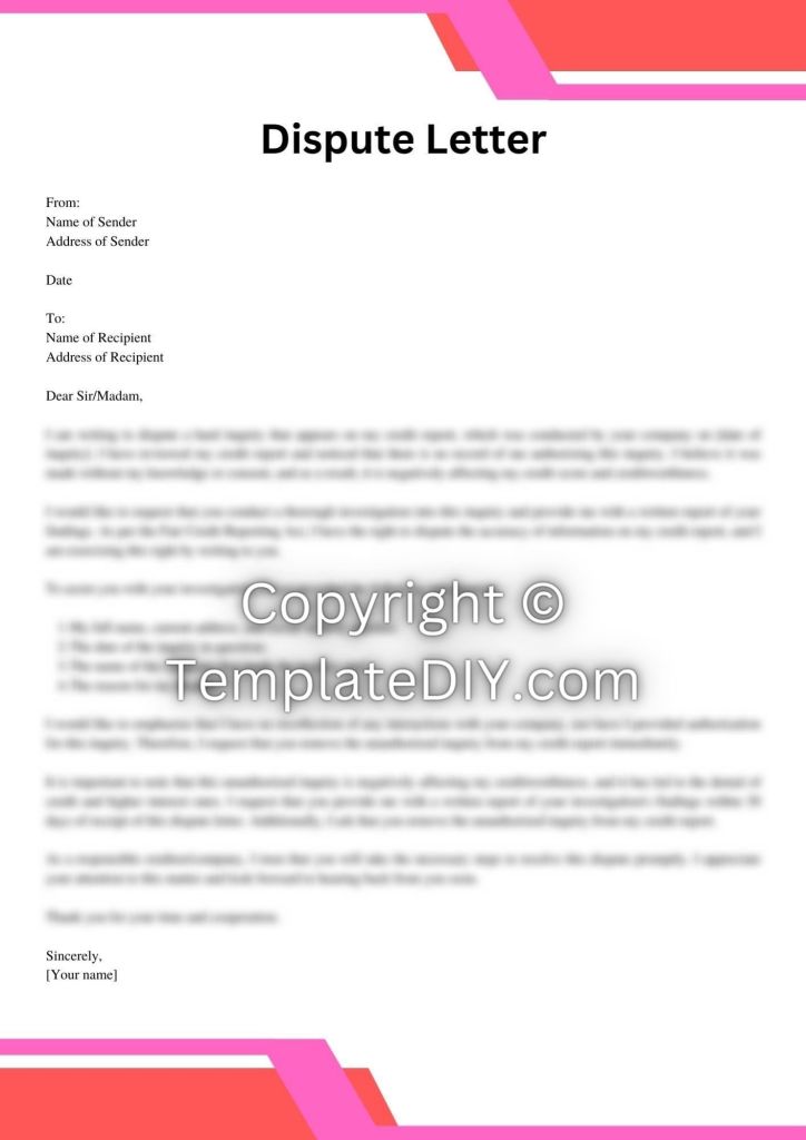 Hard Inquiry Dispute Letter Sample with Examples [Word]