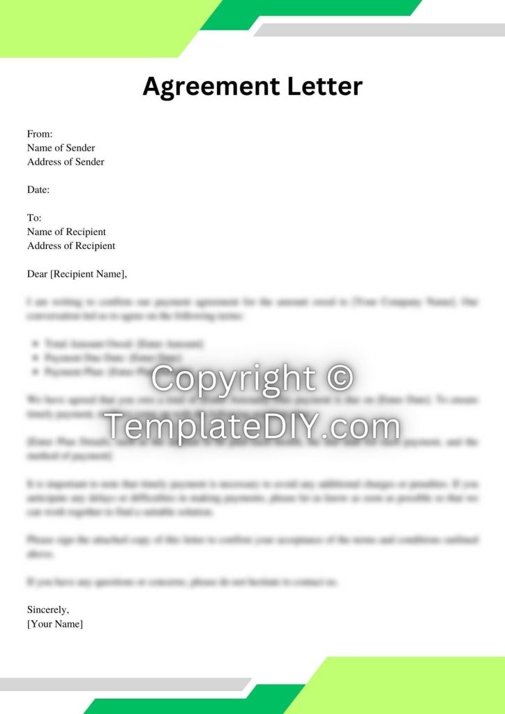 Payment Agreement Letter Sample Template with Examples