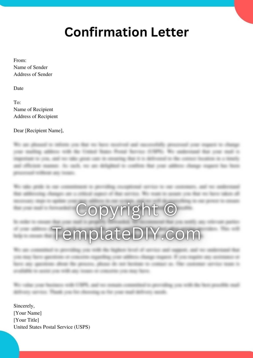 USPS Change of Address Confirmation Letter Sample [Word]