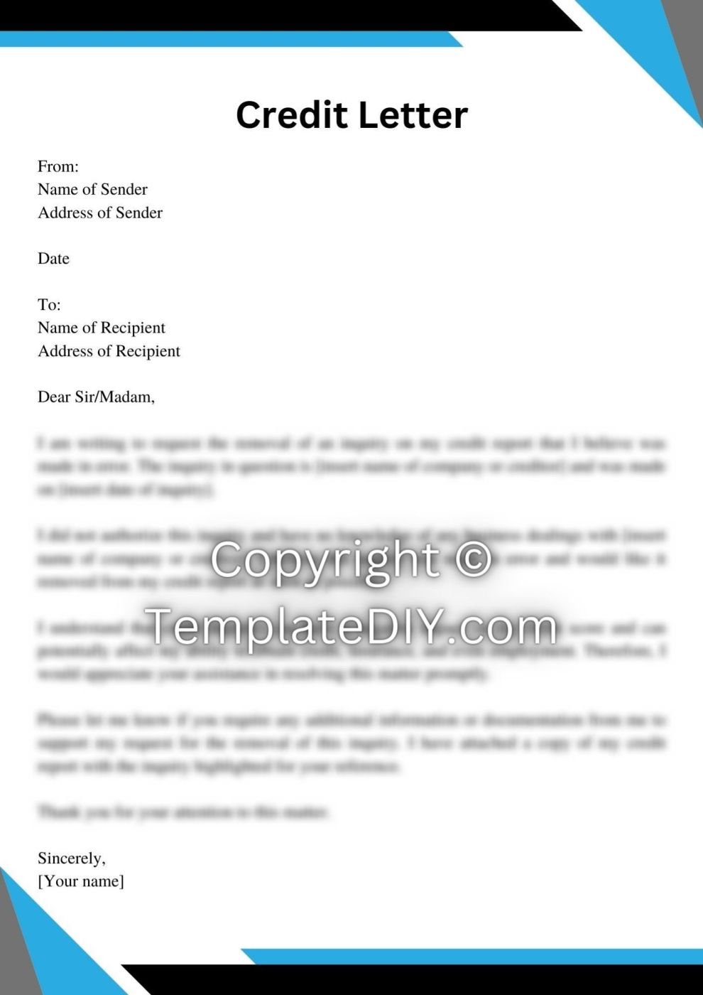 Credit Inquiry Removal Letter Sample Template and Examples