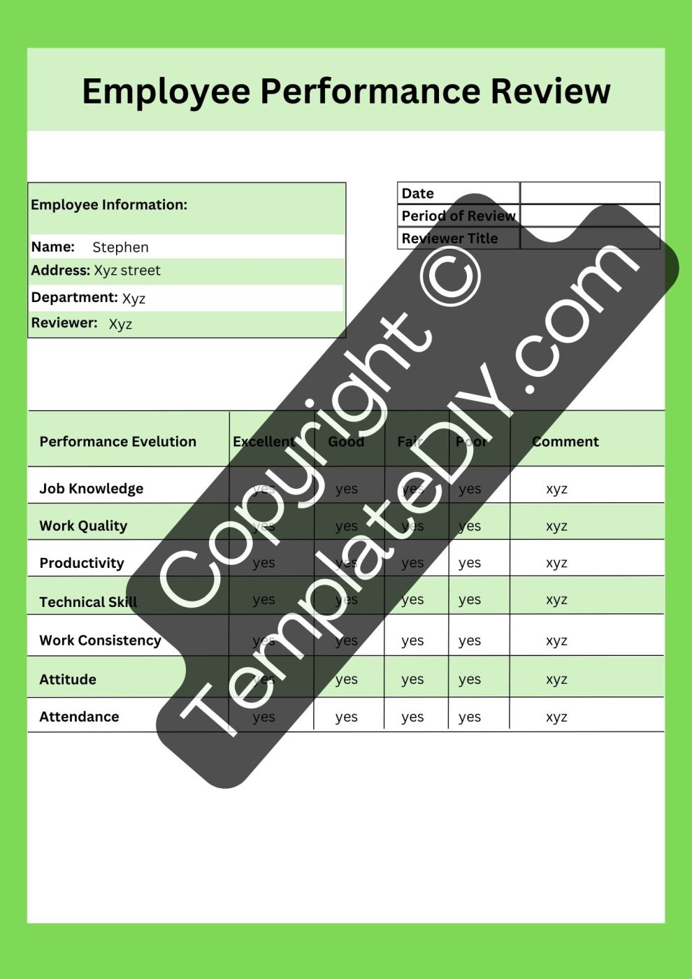 Employee Performance Review Template Printable PDF, Word