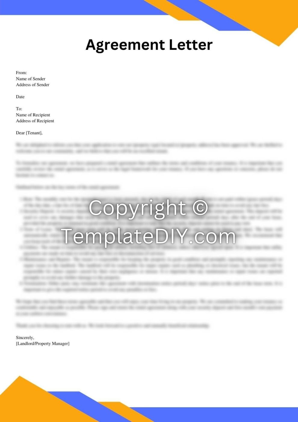 Renters Agreement Letter Sample Template with Examples