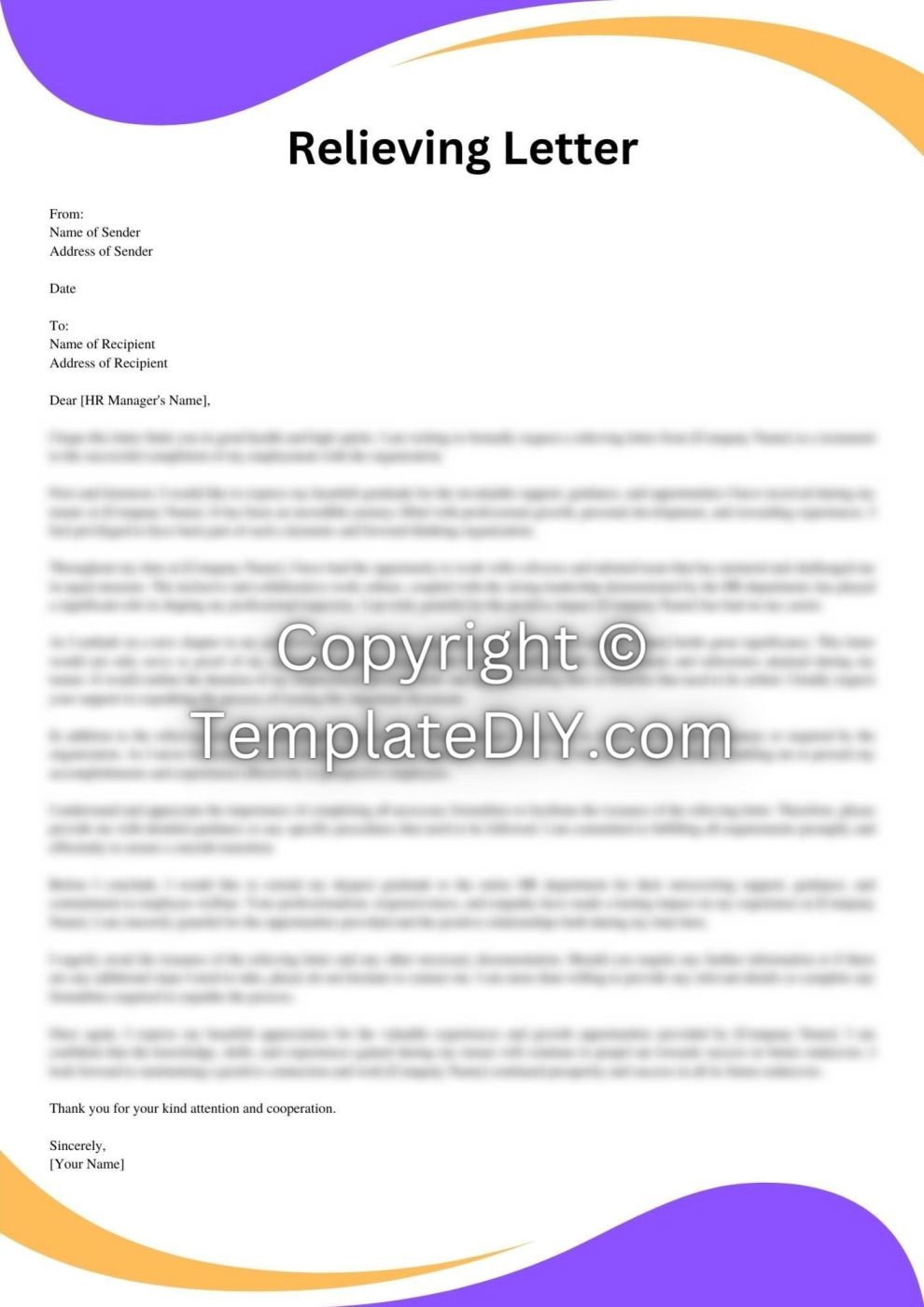 Relieving Letter to HR Sample with Examples [Word]