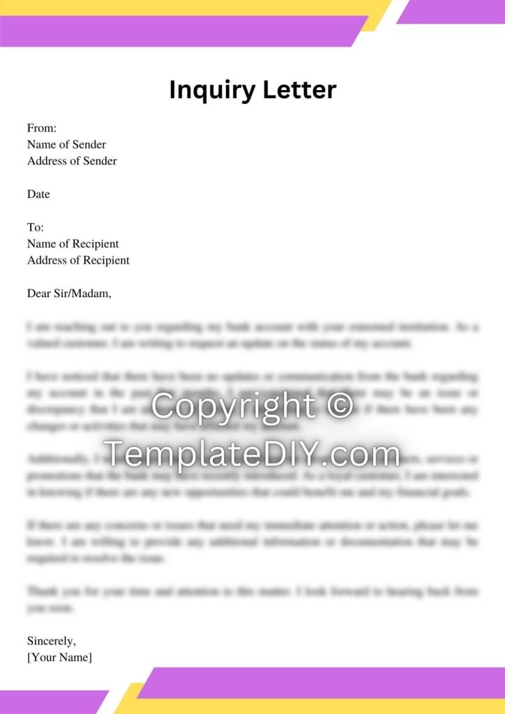 Bank Inquiry Letter Sample with Examples [Word Editable]