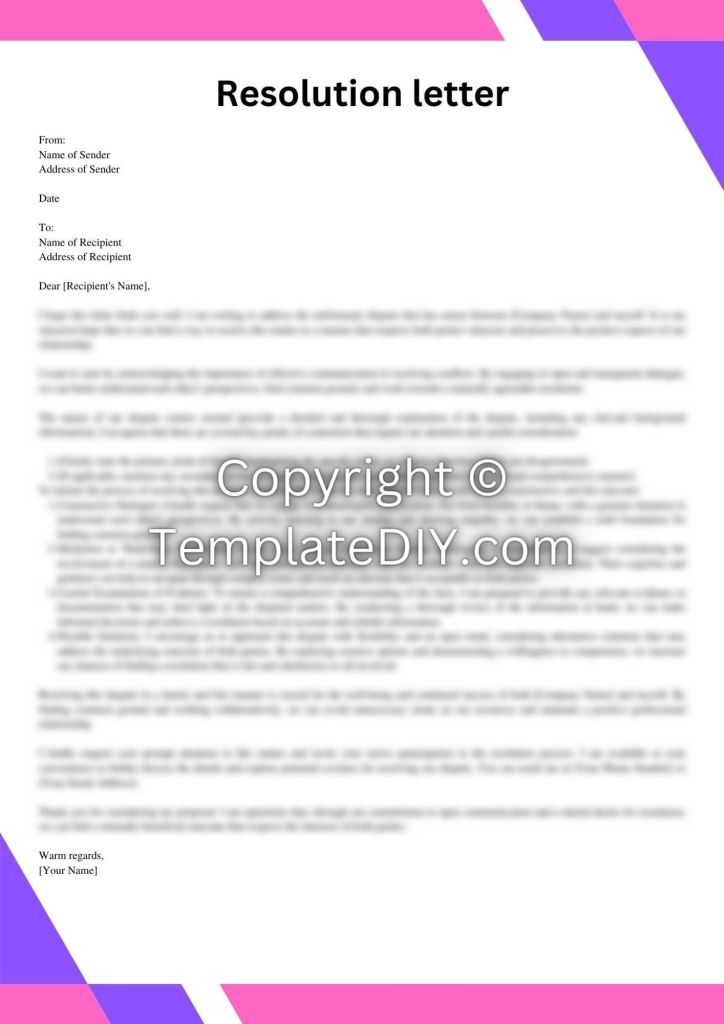 Dispute Resolution Letter Sample with Examples [Word]