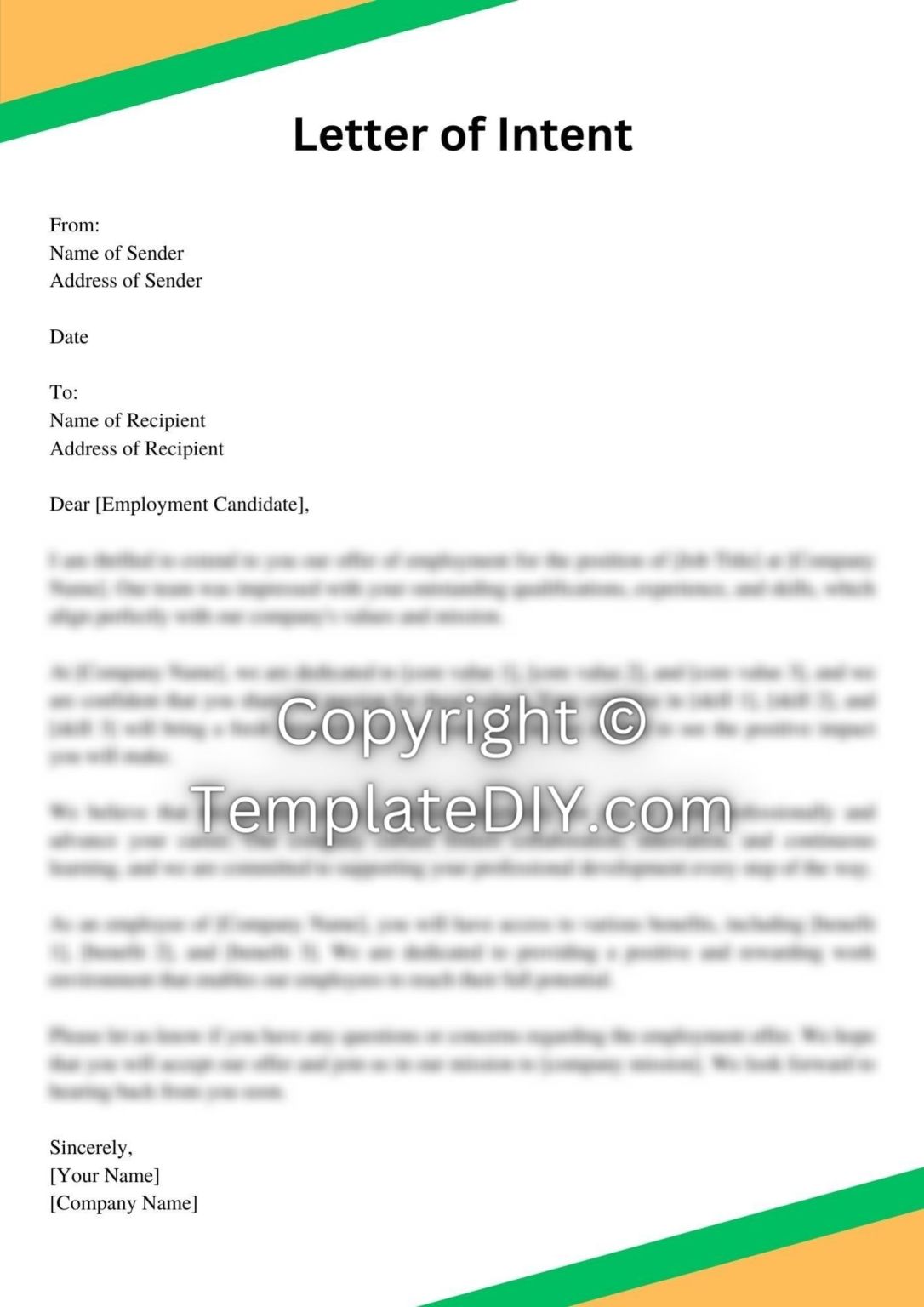 Letter of Intent to Employ Sample with Examples [Word]