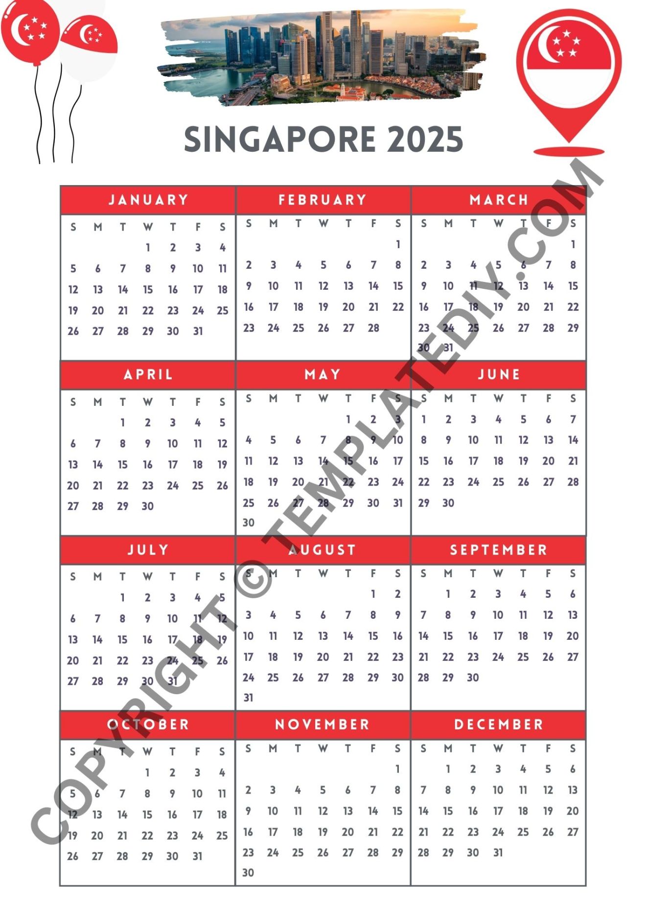 Singapore 2025 Yearly Calendar Printable Templates