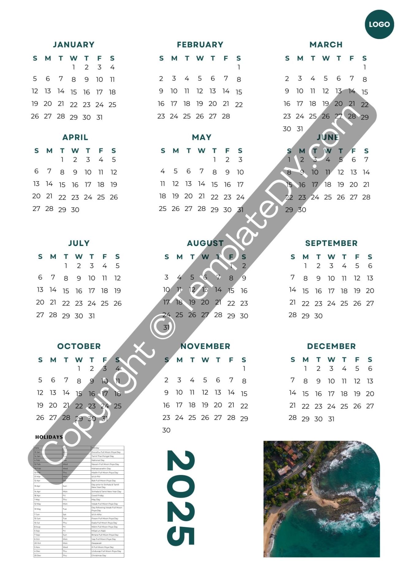 Sri Lanka 2025 Calendar with Holidays | Printable PDF & Excel