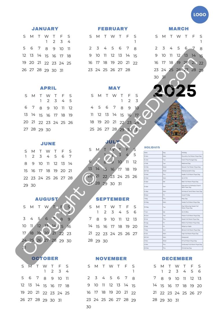 Sri Lanka 2025 Calendar with Holidays | Printable PDF & Excel
