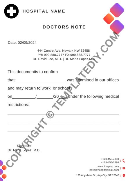 Hospital Real Doctors Note for Work Printable in PDF Word