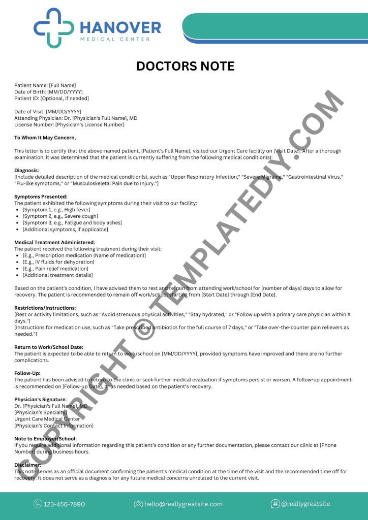 Urgent Care Doctor’s Note Template – Printable PDF & Word (Instant ...