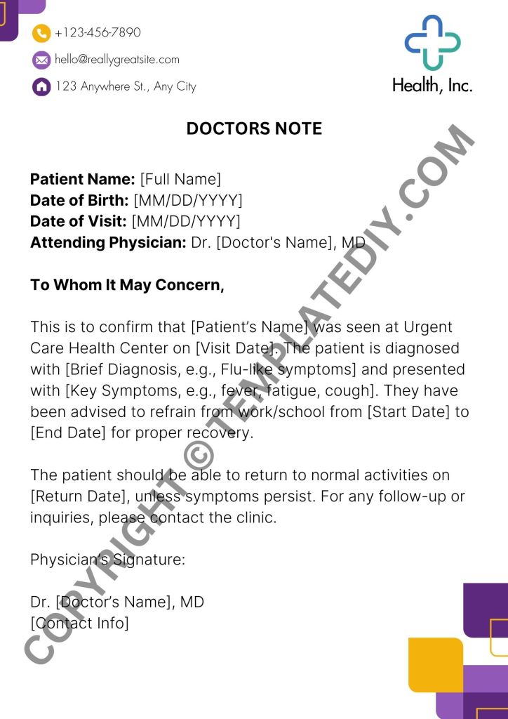 Urgent Care Doctor’s Note Template – Printable PDF & Word (Instant ...