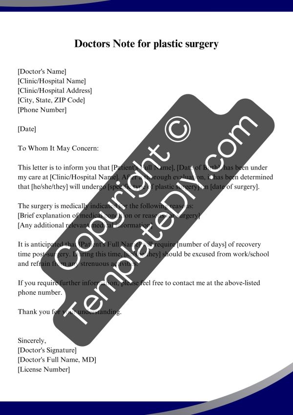 Doctors Note for Plastic Surgery Template [Word Editable]